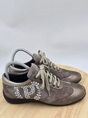 Pollini Womens  Metallic Rhinestones Taupe Leather Shoessz sz 37 u.s 6.5